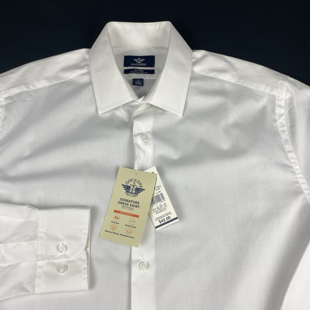 Dockers Signature Dress Shirt Mens 15.5-34/35‎ White Fitted Stretch Collar NWT!